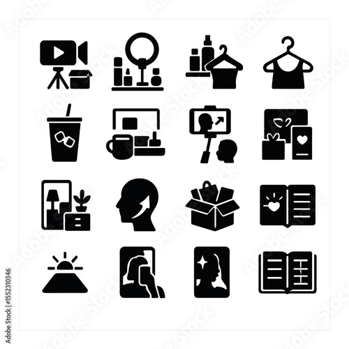 Influencer life trends icons in silhouette solid black-filled shapes with clean, simple : unboxing video icon, “get ready with me” setup, skincare shelfie, outfit of the day hanger, iced coffee