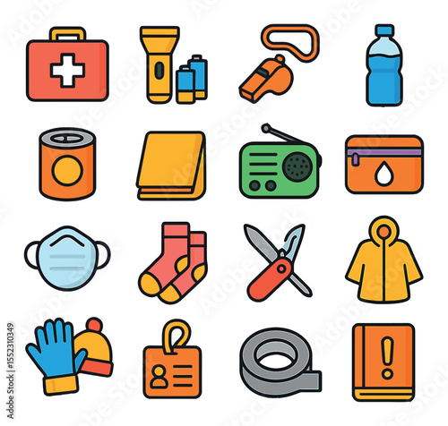 Emergency kit essentials icons in modern flat vector in minimalistic vibrant color design: first aid box, flashlight with batteries, whistle on lanyard, bottled water, canned food, emergency