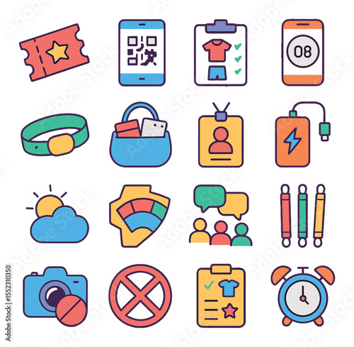 Concert ticket prep icons in modern flat vector in minimalistic vibrant color design: printed ticket stub, mobile QR pass, outfit checklist, concert countdown app, wristband pass, purse with