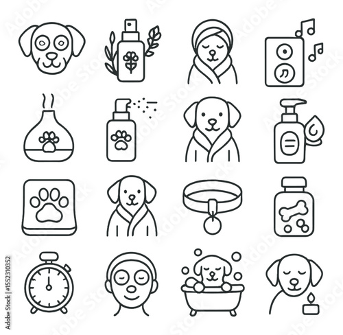Pet spa extras icons in minimalistic line art : cucumber eye patch dog, lavender pet mist, warm towel wrap, relaxing music speaker, aromatherapy diffuser, scented fur spray, soft grooming robe,