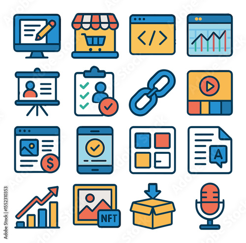 Flexible income streams icons in modern flat vector in minimalistic vibrant color design: freelance writing screen, e-commerce storefront, remote coding window, stock trading dashboard, online