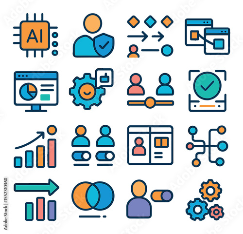 Workflow integration icons in modern flat vector in minimalistic vibrant color design: AI task queue, human oversight badge, blended process flow, digital bridge interface, synced dashboard