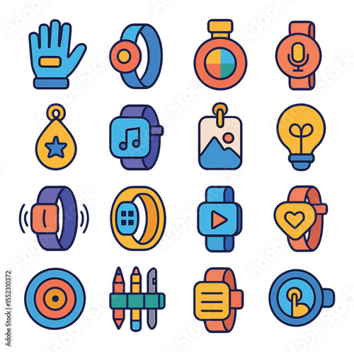 Wearables for creative roles icons in modern flat vector in minimalistic vibrant color design: stylus-enabled smart glove, sketch input ring, color sampling badge, voice-to-idea wrist mic,
