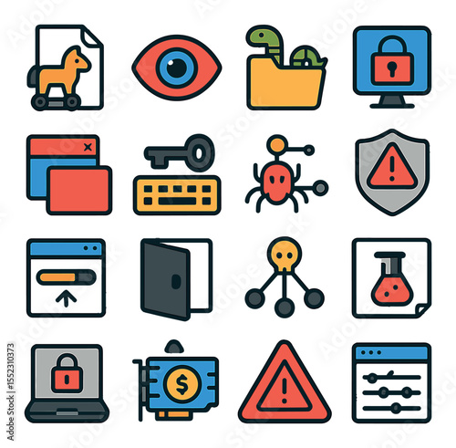Malware types visualization icons in modern flat vector in minimalistic vibrant color design: trojan horse file, spyware eye icon, worm in folder, ransomware lock screen, adware pop-up box,