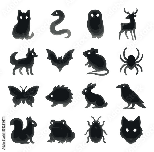 Spiritual ethereal familiars icons in silhouette solid black-filled shapes with clean, simple : ghostly cat with glow, translucent snake, misty owl, floating deer spirit, astral fox, spectral
