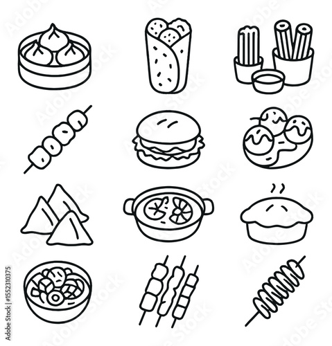Regional street foods icons in minimalistic line art : steamed dumplings, falafel wrap, churros with dip, rice paper rolls, jerk chicken skewer, arepa sandwich, curry fishball, takoyaki, samosa