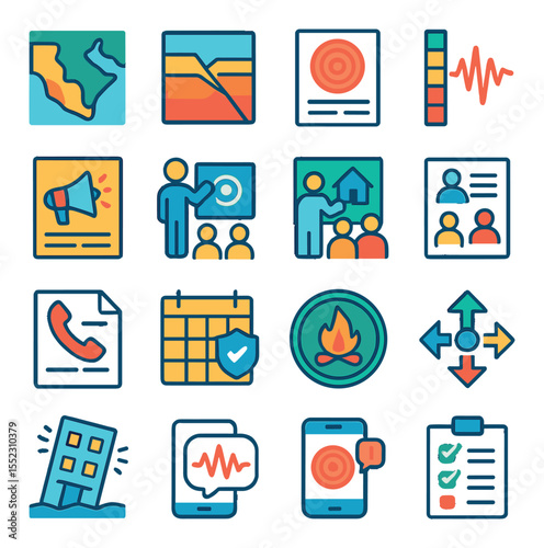 Earthquake awareness and prep icons in modern flat vector in minimalistic vibrant color design: seismic zone map, fault line diagram, earthquake info flyer, shake intensity scale, awareness