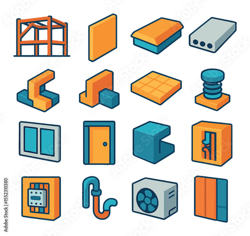 Modular construction components icons in modern flat vector in minimalistic vibrant color design: structural steel frame, modular wall panel, insulated roof panel, prefabricated floor slab,