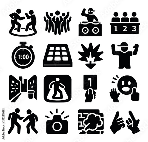 Street battle scenes icons in silhouette solid black-filled shapes with clean, simple : dance-off circle, cheering crowd, DJ booth setup, street judge panel, battle timer, glowing dance floor,