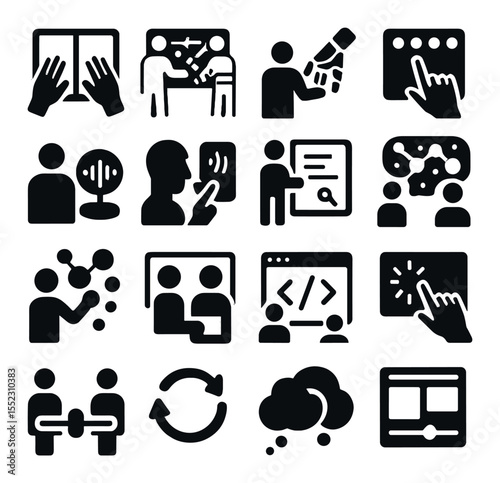 Co-creation interfaces icons in silhouette solid black-filled shapes with clean, simple : dual-input touchscreen, shared holographic board, hand-and-robot arm sync, gesture control panel, voice