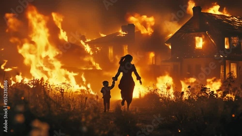 Mother and child running towards burning house, dramatic fire scene, family emergency at night, flames and smoke, desperate rescue attempt.
