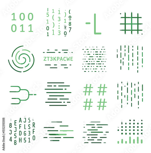 Green code stream symbols icons in modern flat vector in minimalistic vibrant color design: glowing binary digits, vertical falling characters, blinking green cursor, matrix grid pattern, neon