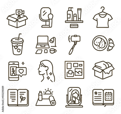 Influencer life trends icons in minimalistic line art : unboxing video icon, “get ready with me” setup, skincare shelfie, outfit of the day hanger, iced coffee cup, desk aesthetic flat lay,