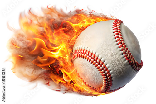 White baseball with red stitching engulfed in bright orange and yellow flames isolated on a transparent background 1