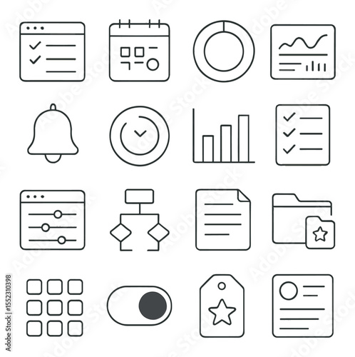 Digital productivity apps icons in minimalistic line art : to-do list window, calendar event card, habit tracker ring, time tracking dashboard, task reminder bell, focus timer app, productivity
