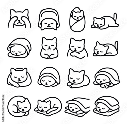 Sleepy cat poses icons in minimalistic line art : cat with paws over eyes, cat upside-down in blanket, cat wrapped like a burrito, cat flopped sideways, cat snout buried in fabric, cat with paws
