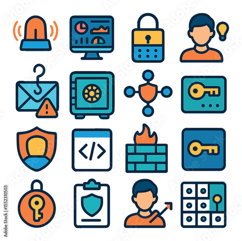 Preventive measures icons in modern flat vector in minimalistic vibrant color design: intrusion detection system icon, network monitoring dashboard, encryption lock panel, security awareness
