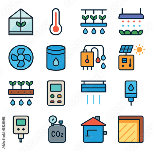 Rooftop greenhouse systems icons in modern flat vector in minimalistic vibrant color design: glass greenhouse, temperature sensor, hydroponic shelf, LED grow light, ventilation fan, water