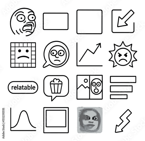 Meme culture symbols icons in minimalistic line art : exaggerated reaction face, ironic text panel, image caption box, crop-out arrow, low-res filter icon, zoom-in face bubble, fake fact chart,
