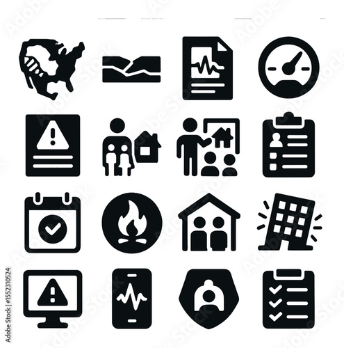 Earthquake awareness and prep icons in silhouette solid black-filled shapes with clean, simple : seismic zone map, fault line diagram, earthquake info flyer, shake intensity scale, awareness