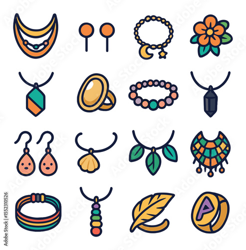 Artisan jewelry s icons in modern flat vector in minimalistic vibrant color design: boho layered necklace, minimalist stud earrings, celestial moon charm bracelet, vintage floral brooch,