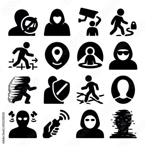 Surveillance evasion figures icons in silhouette solid black-filled shapes with clean, simple : figure with blocked camera icon, cloaked user avoiding detection, silhouette under CCTV beam,