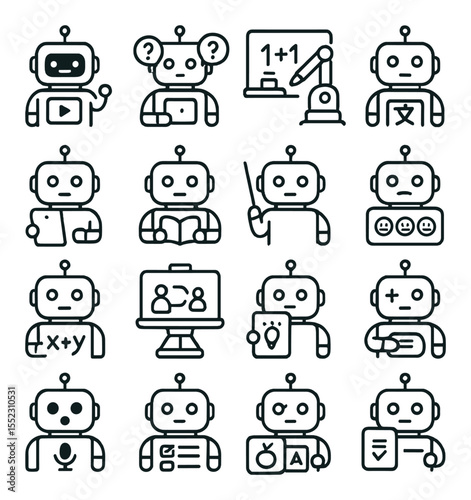 Educational robot assistant icons in minimalistic line art : teaching bot with screen, interactive quiz robot, robotic chalkboard arm, language learning bot, tablet-holding assistant, AI reading