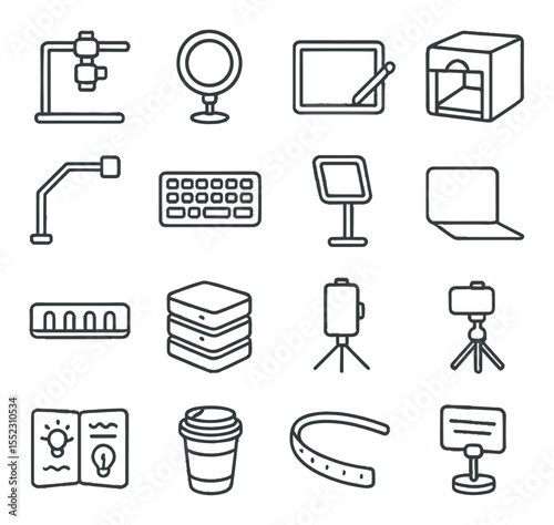Content creator desk setup icons in minimalistic line art : overhead camera rig, desktop ring light, tablet with stylus, photo lightbox cube, top-down mount arm, keyboard with shortcut stickers,