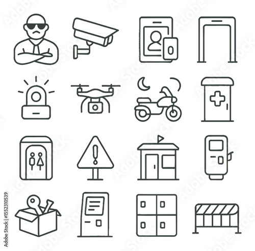 Security and services icons in minimalistic line art : nightlife bouncer, security camera, ID check scanner, metal detector arch, emergency call button, street patrol drone, police bike at night