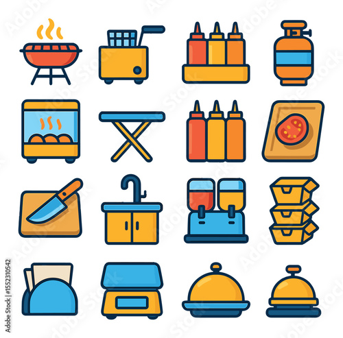 Street food equipment icons in modern flat vector in minimalistic vibrant color design: portable grill, deep fryer, condiment rack, propane tank, food warmer box, folding table, sauce bottles,