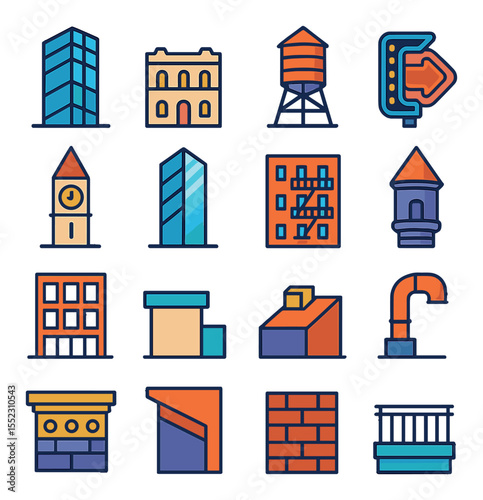 Architectural contrasts icons in modern flat vector in minimalistic vibrant color design: modern glass tower, historic stone building, rooftop water tank, neon-lit signage, old clock tower,