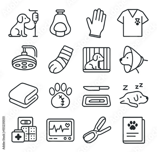 Surgery and treatment icons in minimalistic line art : dog with IV drip, anesthesia mask, surgical glove hand, vet scrubs with paw patch, operating light, paw in cast, recovery crate, dog with