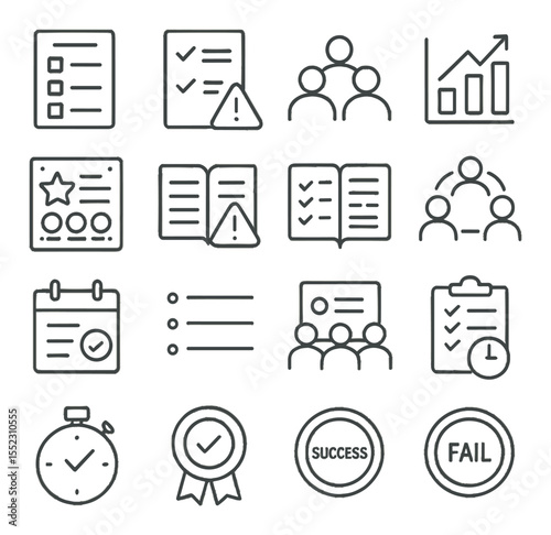 Post-drill review and debrief icons in minimalistic line art : drill feedback form, emergency response checklist, team debrief icon, drill result chart, performance review board, safety incident