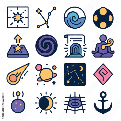 Astral and cosmic spell pages icons in modern flat vector in minimalistic vibrant color design: star alignment chart, constellation path glyph, time fold diagram, moon phase ring, dream step
