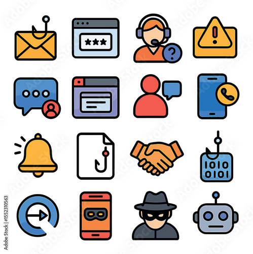 Phishing and social engineering icons in modern flat vector in minimalistic vibrant color design: phishing email envelope, fraudulent website login, fake customer support icon, misleading
