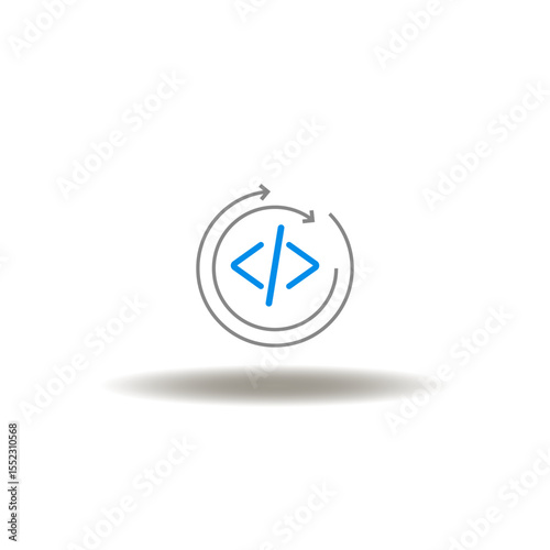 Vector illustration of programming code with round arrows processing. Symbol of software script testing. Icon of coding.