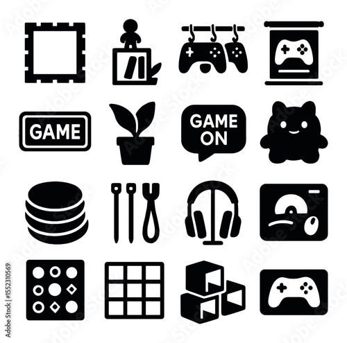 Gaming decor and personalization icons in silhouette solid black-filled shapes with clean, simple : pixel art frame, mini figurine shelf, wall-mounted controller rack, game poster scroll, LED