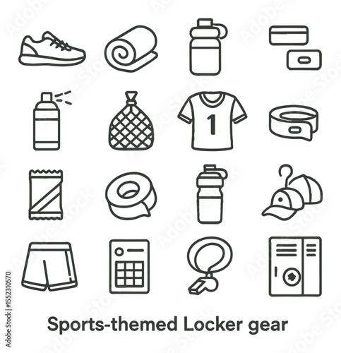 Sports-themed locker gear icons in minimalistic line art : gym shoes, rolled towel, water jug, sweatband set, deodorant spray, mesh laundry bag, team jersey, sports wristband, energy bar pack,