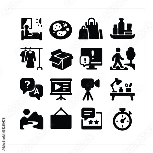 Vlog content types icons in silhouette solid black-filled shapes with clean, simple : morning routine scene, meal prep plate, shopping haul display, skincare routine tray, outfit of the day