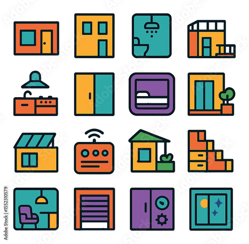 Modular residential units icons in modern flat vector in minimalistic vibrant color design: studio pod, two-story living module, modular bathroom unit, rooftop terrace section, compact kitchen