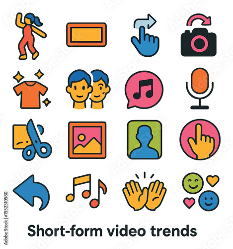 Short-form video trends icons in modern flat vector in minimalistic vibrant color design: looping dance pose, text overlay box, transition swipe hand, camera flip icon, outfit change sparkles,