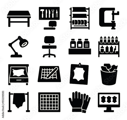 Leather workshop setup icons in silhouette solid black-filled shapes with clean, simple : workbench with mat, tool wall rack, leather roll shelf, clamp station, lighting with magnifier, seat