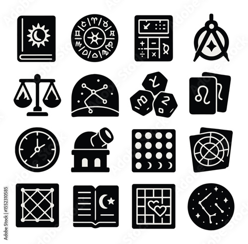 Astrology tools and visuals icons in silhouette solid black-filled shapes with clean, simple : ephemeris book, zodiac calendar, chart calculator, celestial compass, element balance scale,