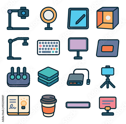Content creator desk setup icons in modern flat vector in minimalistic vibrant color design: overhead camera rig, desktop ring light, tablet with stylus, photo lightbox cube, top-down mount arm