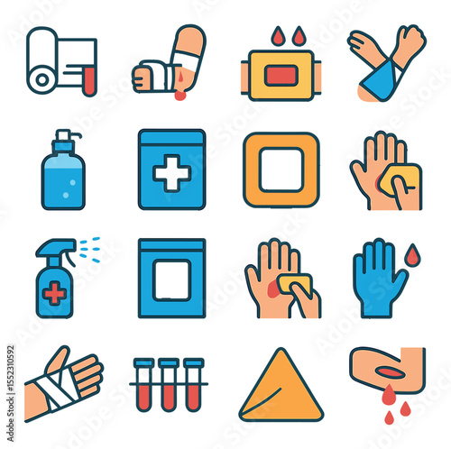 Wound and bleeding care icons in modern flat vector in minimalistic vibrant color design: gauze roll application, pressure bandage icon, bleeding control pad, elevation arm symbol, wound