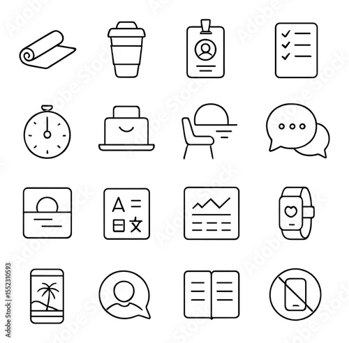 Daily nomad routines icons in minimalistic line art : morning yoga mat, coffee to-go cup, coworking check-in badge, task list app screen, focus timer icon, lunchbox on laptop, sunset break chair