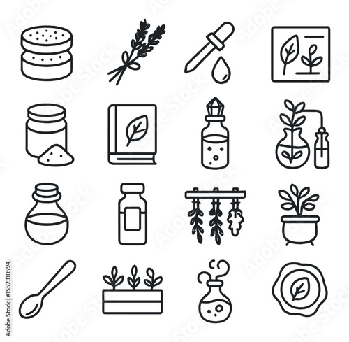Herbal alchemy gear icons in minimalistic line art : herb grinder, dried lavender bundle, essence dropper, botanical chart, powdered root jar, leaf press book, crystal water bottle, flower