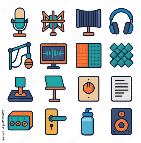 Voiceover recording booth icons in modern flat vector in minimalistic vibrant color design: condenser microphone, shock mount, vocal reflection filter, studio headphones, boom arm with cable,