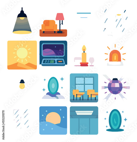 Scene-based lighting icons in modern flat vector in minimalistic vibrant color design: interrogation room spotlight, cozy living room lamp, futuristic hallway light strips, streetlamp in rain,