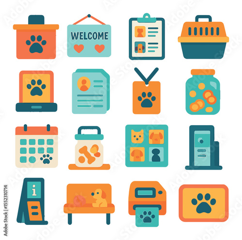 Adoption center essentials icons in modern flat vector in minimalistic vibrant color design: front desk with paw logo, welcome sign with hearts, clipboard with pet profiles, pet carrier box,